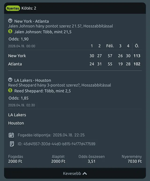 Winning bet slip — NBA player props